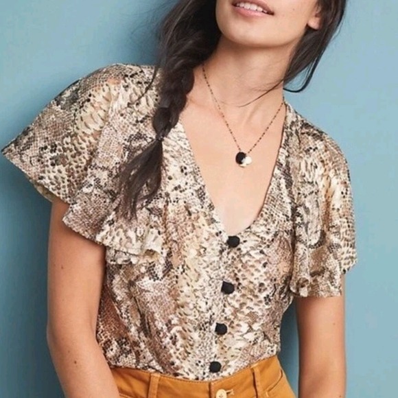 Anthropologie Eva Franco Snakeskin Print Blouse Ruffle Sleeve Button Down Medium - Picture 1 of 11